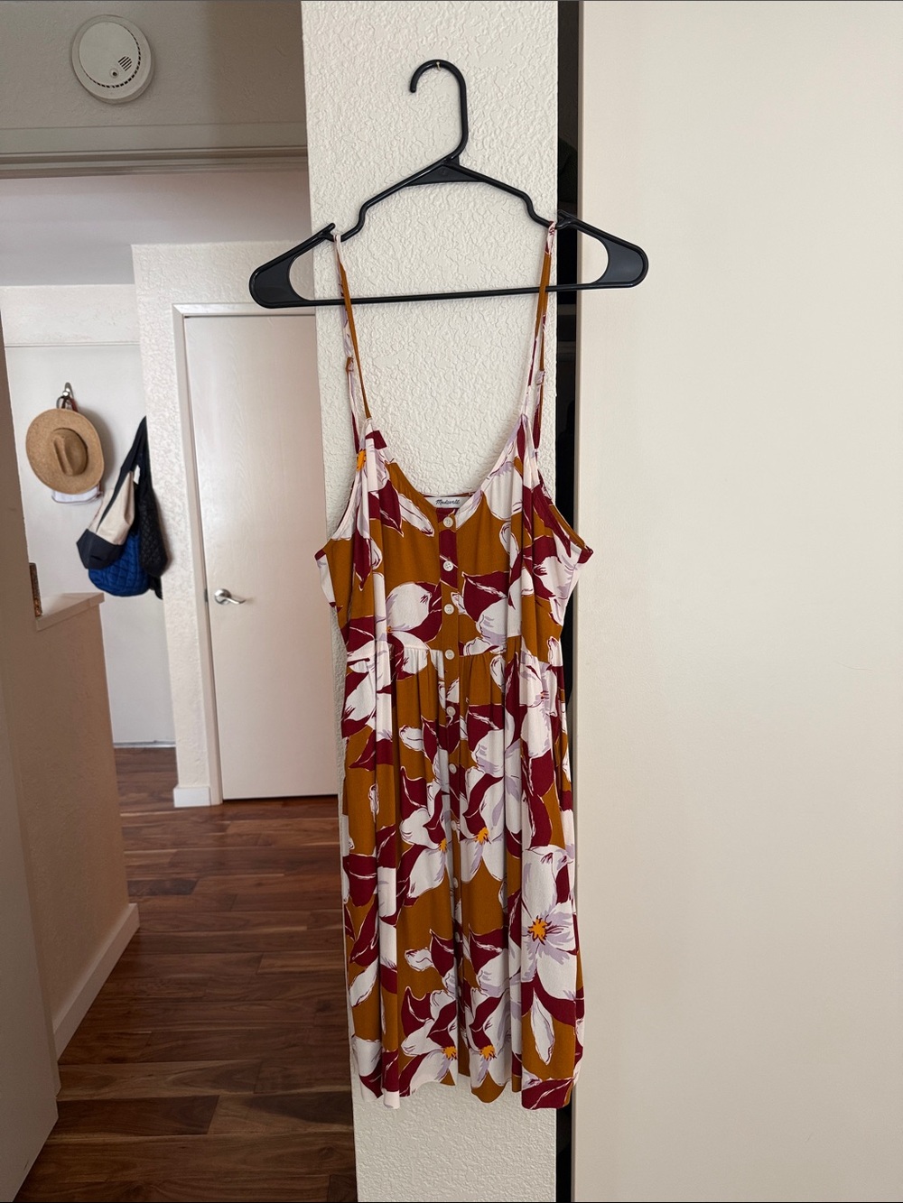 Madewell Floral Spaghetti-Strap Dress in Mustard, Burgundy & Cream